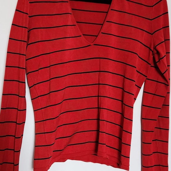 Ralph Lauren Red Navy Striped V Neck Sweater - Picture 1 of 3